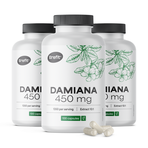 3x Damiana 450 mg – extrato 10:1, total de 300 cápsulas